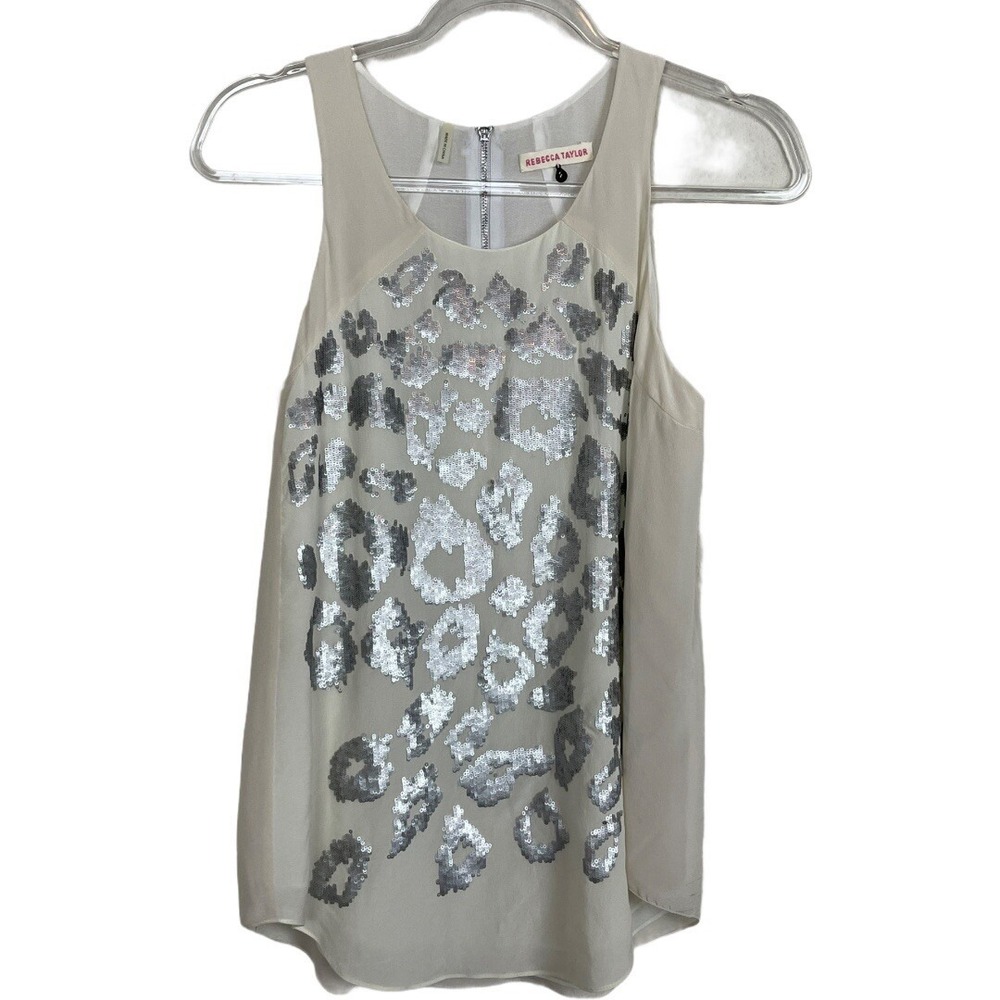 Rebecca Taylor Silk Sequin Leopard Sleeveless Blouse Womens 2 Blush Fairycore